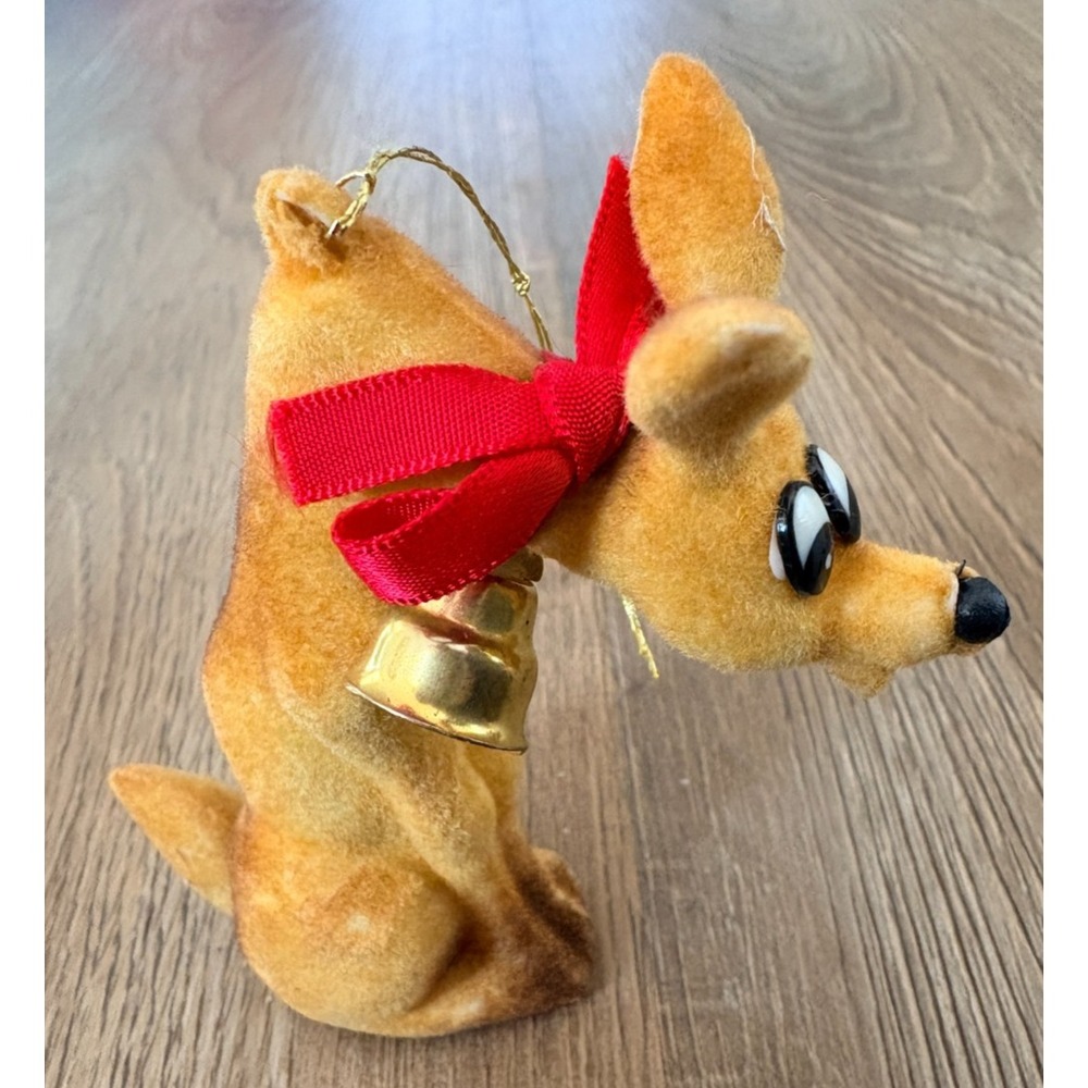 Vintage Flocked Reindeer Christmas Ornament Velvet Deer w/ Red Ribbon & Bell